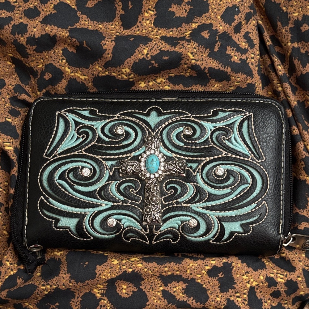 Black and Turquoise Embroidered Women's Wallet